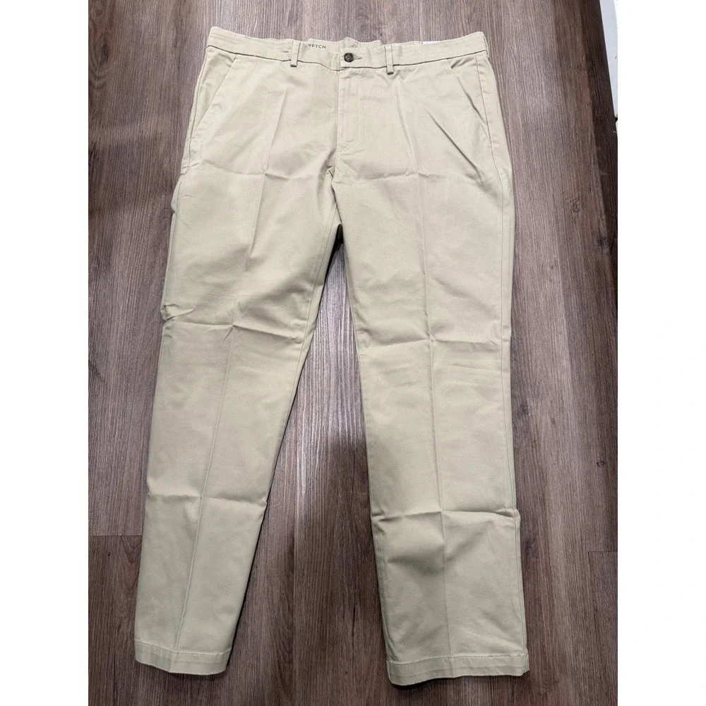 St Johns Bay Mens‎ Stretch Chino Pants 42x32 Khaki Tan Straight Fit Flat Front